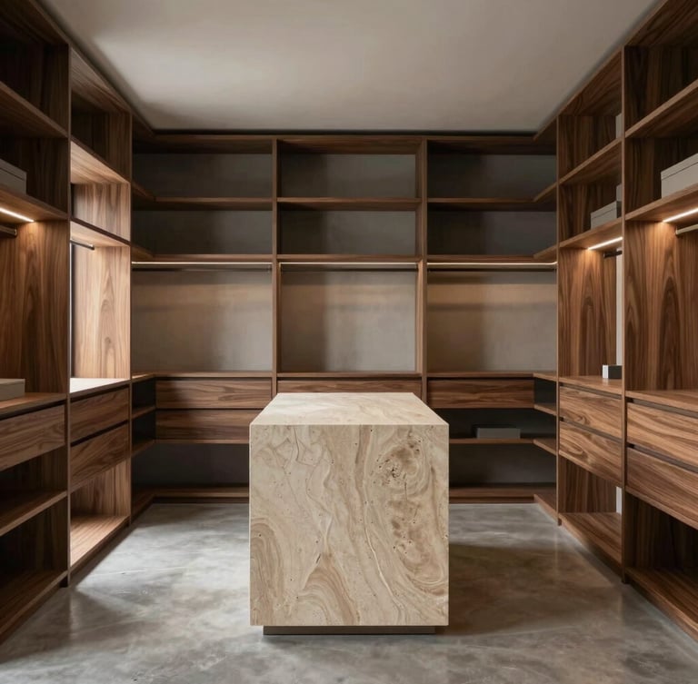 A spacious walk-in closet in a luxury penthouse, illuminated by soft warm ambient lighting from behind walnut shelves. Polished concrete floor, minimalist central island with a natural stone top.