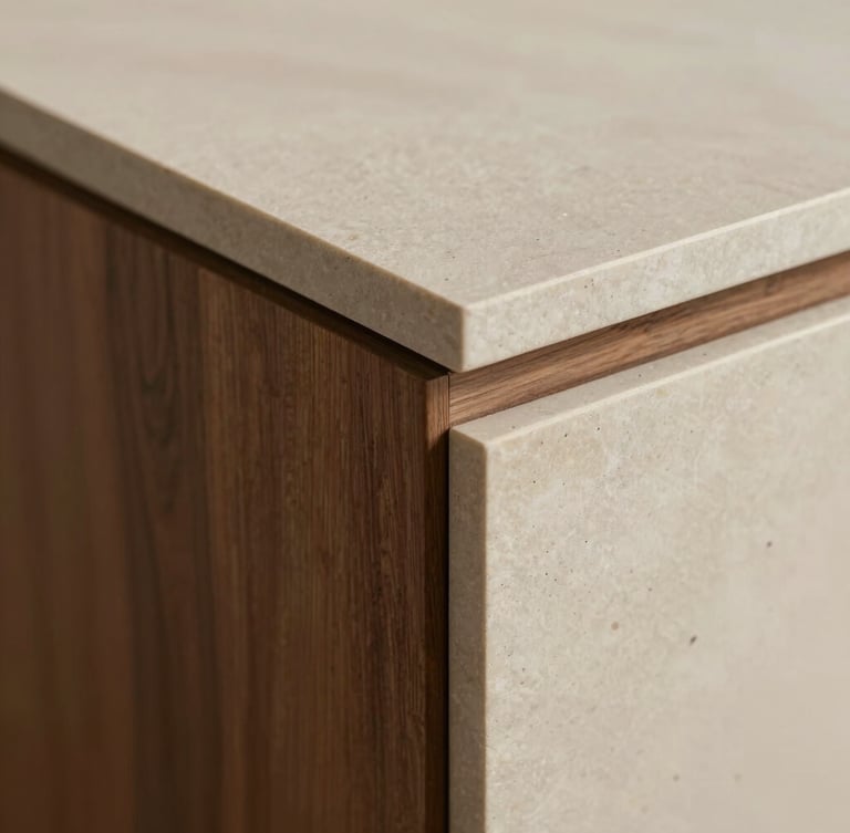 Extreme close-up of a high-end furniture join, rich walnut wood grain meeting smooth honed natural stone, diffused warm sidelight, focusing on the flawless architectural craftsmanship.