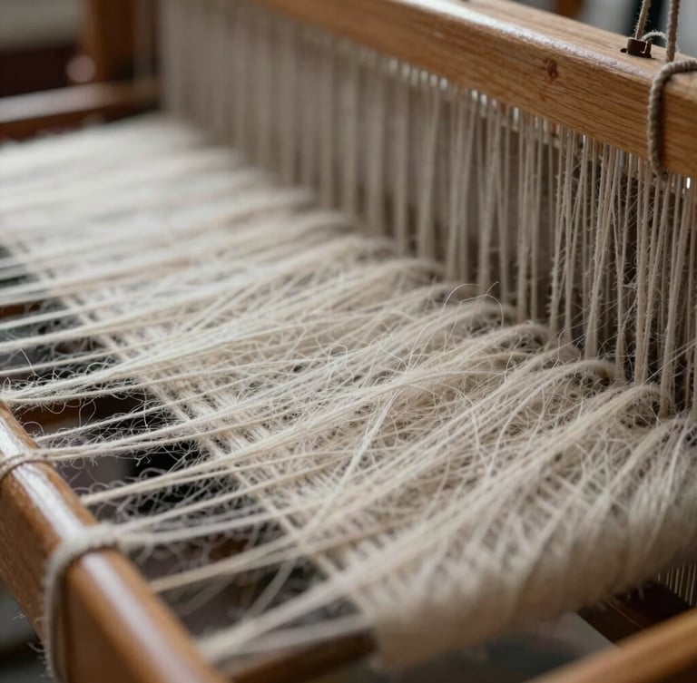 Extreme close-up of heavy, undyed wool warp threads under extreme tension on a wooden handloom, high-contrast side lighting, macro focus on the raw fibers.