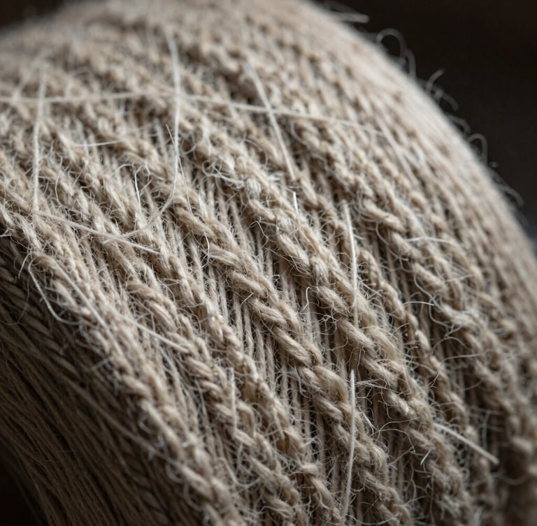 Macro photograph of heavy undyed wool warp and weft threads under high-contrast side lighting, showcasing extreme textile grain and irregular hand-spun tension.