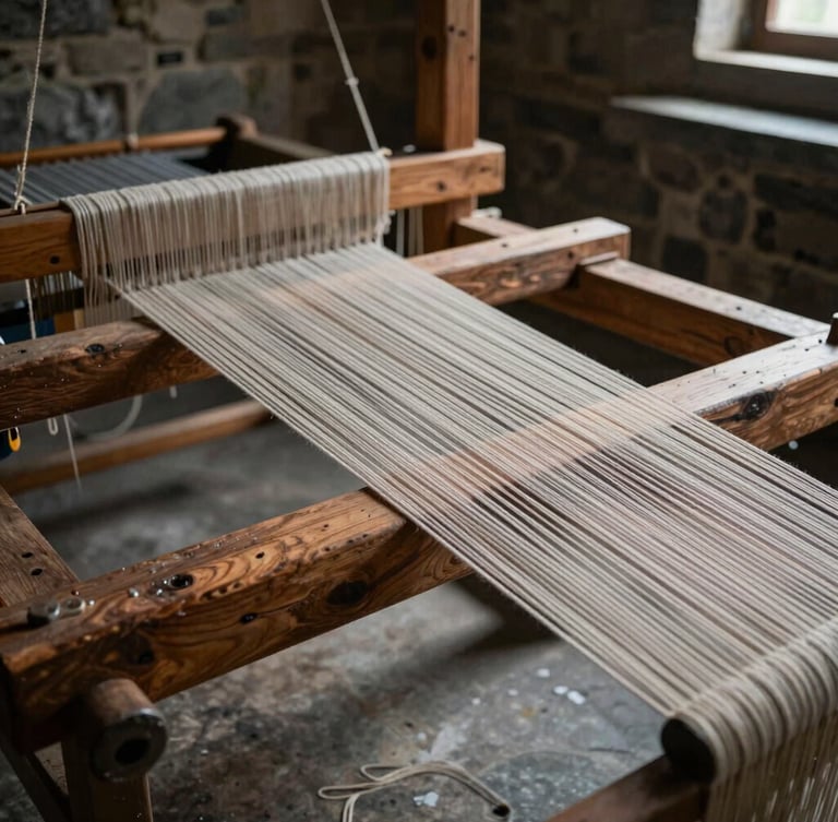 Heavy wooden beams of a handloom in an empty stone room, deep shadows, extreme close-up of taut warp threads.