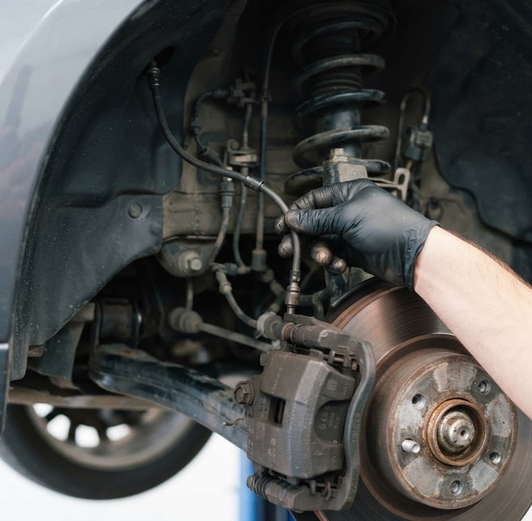 Close-up of a car's wheel well, mechanic's hand inspecting a brake line, bright workshop lighting, neutral steel tones.