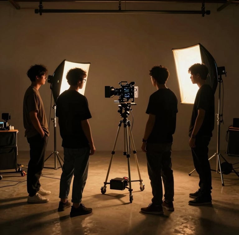 Behind-the-scenes shot of a small production crew setting up a shot on location, warm rim lights, cinematic editorial photography, deep shadows.