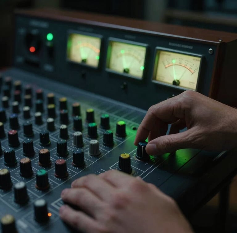 Close-up of hands adjusting knobs on a vintage analog console, glowing VU meters in a dark charcoal studio environment, neon green accent light