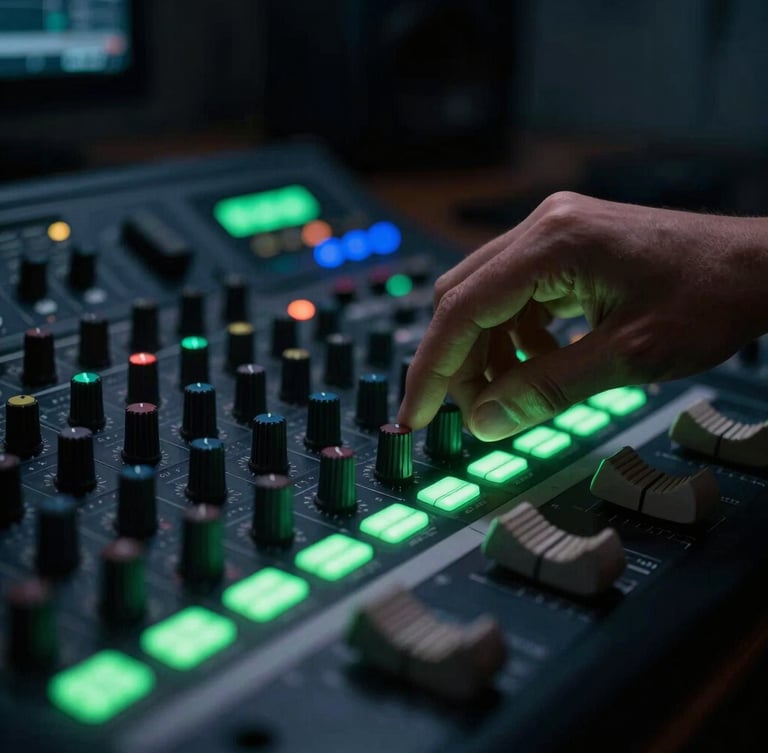 Tight macro shot of a music producer's hand adjusting a physical mixing console, glowing green LED level meters in the dark studio, 35mm.