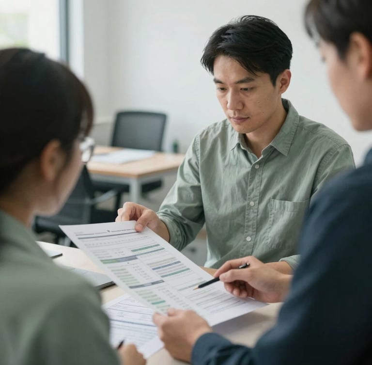 A close-up, medium-wide environmental portrait of a development consultant reviewing printed data reports with a colleague in a field office, soft natural daylight, muted cool tones, realistic depth of field.