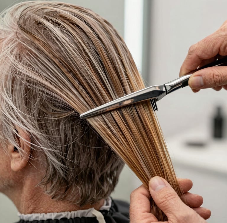 Extreme close-up of a senior stylist applying structural color to a section of hair, brushed steel tools visible, clean geometric lines in the background.