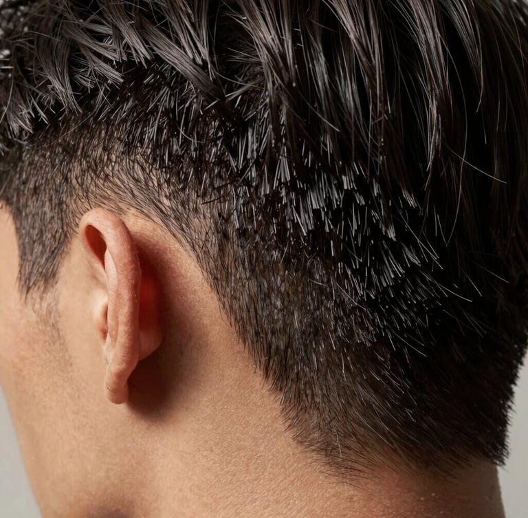 Extreme macro close-up of sharp geometric hair cut lines, soft directional daylight, rich natural shadows, minimalist aesthetic