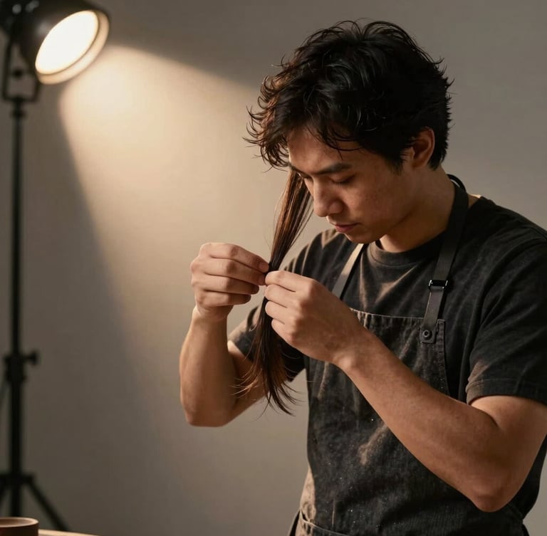 Candid high-focus shot of the founder in a dark charcoal apron, analyzing hair structure in the minimalist studio, warm spotlighting casting rich shadows.