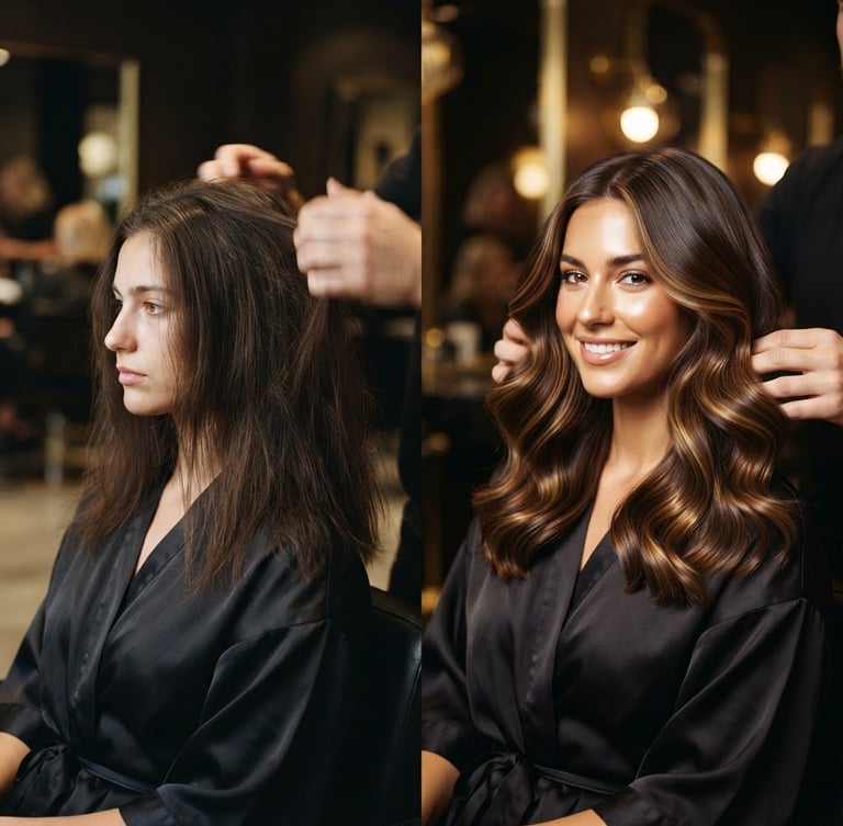 Before and after image of a woman's hair, showcasing a dramatic, glossy hair transformation from dull to vibrant, with soft editorial lighting, high-contrast luxury, and a shallow depth of field. Stylist's hands are visible in the background.