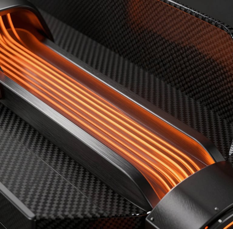 Abstract 3D render of aerodynamic wind tunnel lines flowing over a sleek metallic chassis, glowing orange light leaks, dark carbon fiber background, octane render style