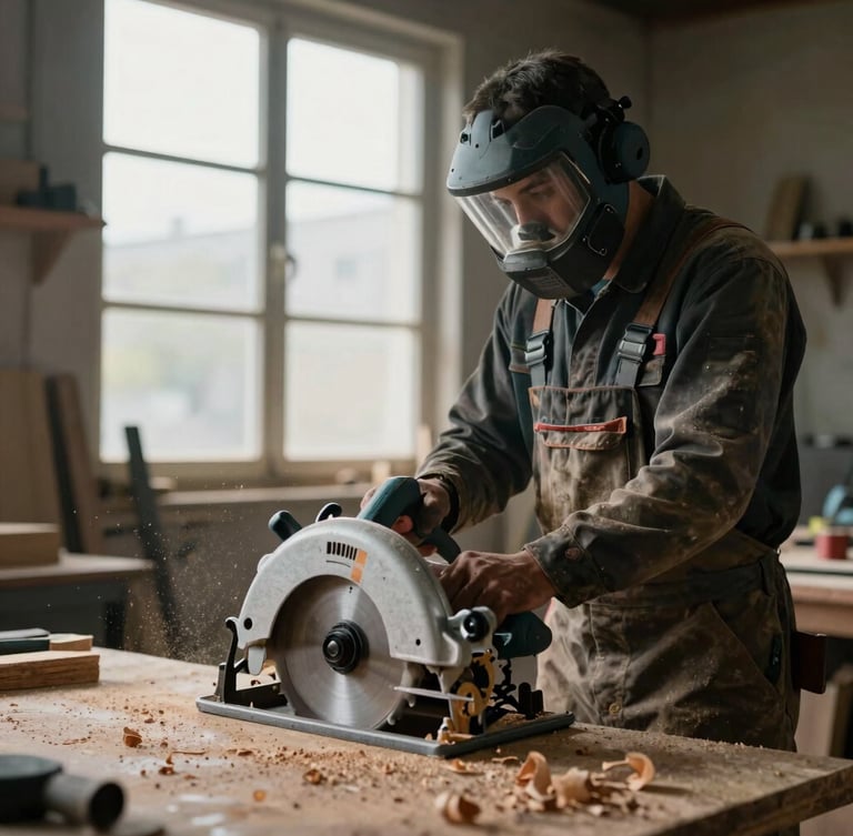 A skilled tradesperson in a dusty workshop, side-lit by cool window light, wearing protective gear, holding a heavy-duty circular saw, wood shavings in the air.