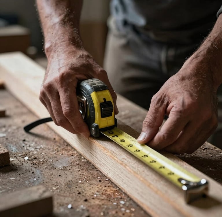 Dramatic close-up of a carpenter's hands measuring raw timber with a brass-trimmed tape measure in a dusty workshop, sharp focus, high-contrast side-lighting, muted steel and charcoal tones