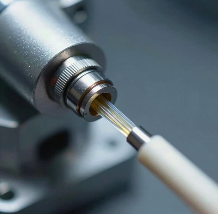 Macro detail shot of high-precision fiber optic termination, delicate glass fibers being aligned under bright clean-room laboratory lighting, cool metallic tones, 35mm