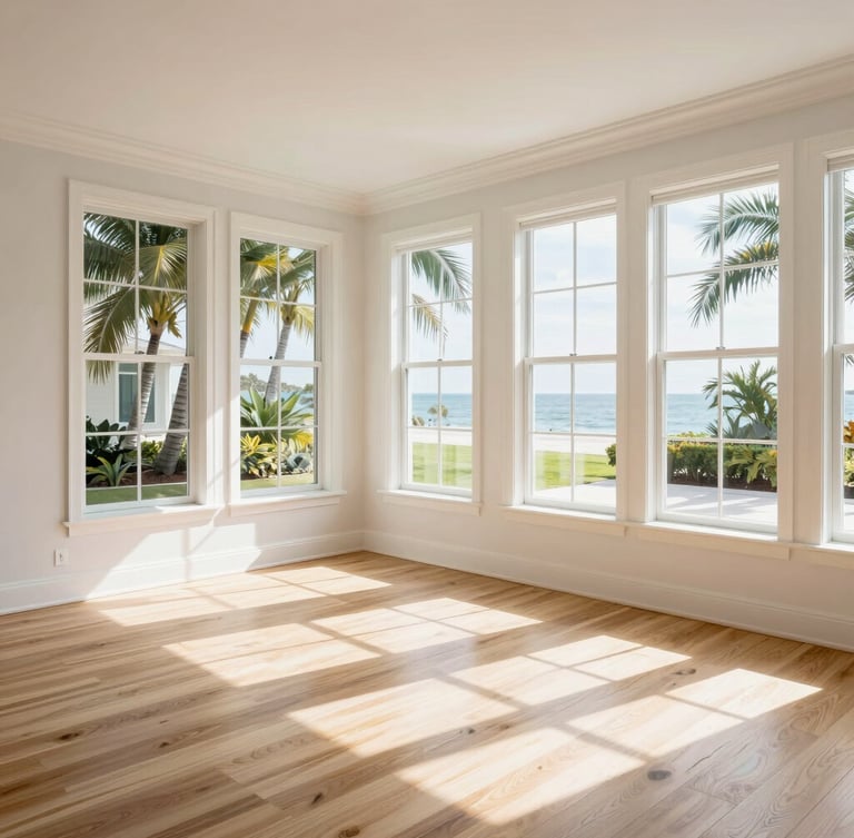 Elegant architectural photography of a bright Sarasota living room, natural sunlight streaming through large windows, showcasing a perfectly laid wood floor, sharp focus, 35mm