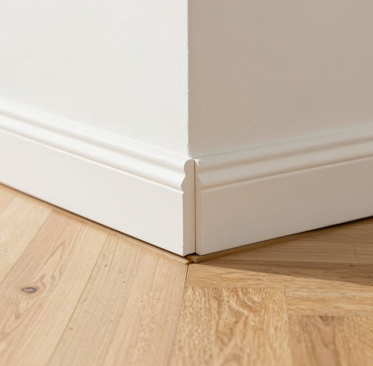 A crisp, macro photograph of a perfectly executed miter joint where a custom white baseboard meets engineered wood flooring, bright natural daylight, sharp architectural focus