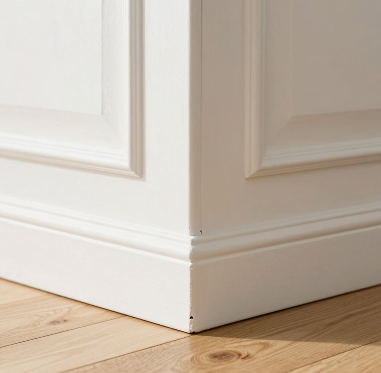 Tight macro shot of a perfectly cut miter joint on white baseboards meeting a light oak floor, bright natural Florida daylight, sharp focus, architectural detail