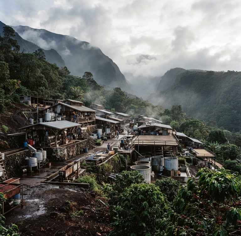 Wide environmental shot of the Honaunau coffee wet-milling facility on volcanic slopes, misty morning mountain light, 35mm.