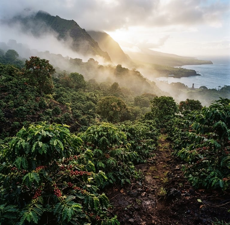 Wide-angle editorial photograph of high-elevation coffee orchards on the misty volcanic slopes of Captain Cook, low morning sun cutting through mountain fog, rich soil details, 35mm.