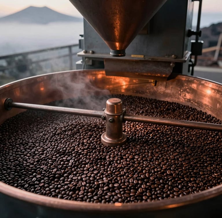 Close-up of industrial roasting drum in Captain Cook facility, warm copper glow, dark coffee beans rotating, sharp focus, 35mm