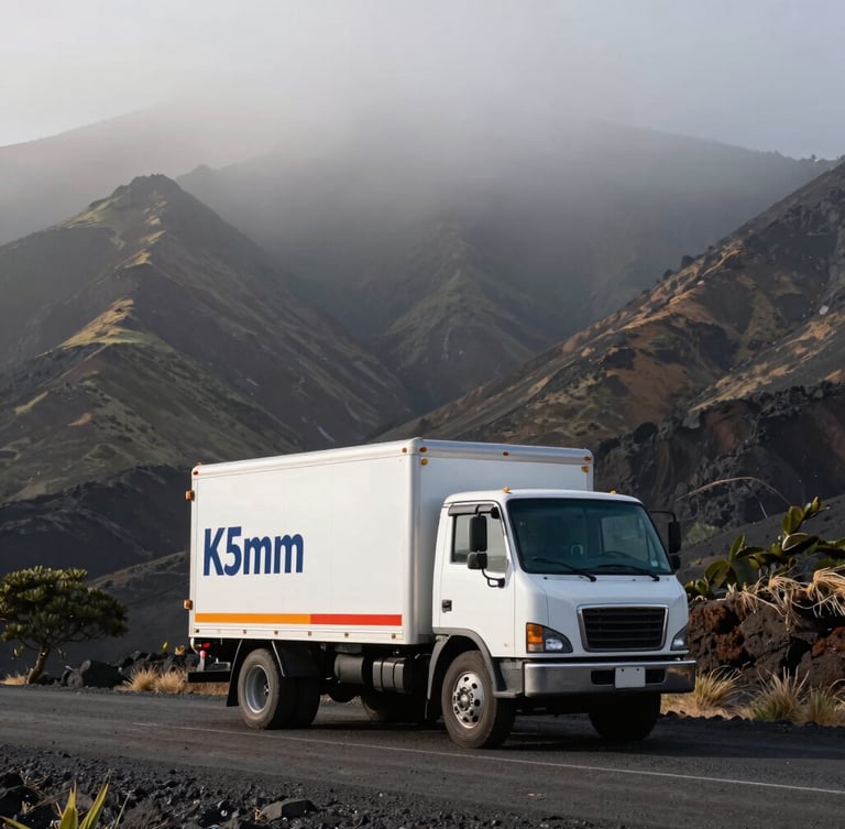 Branded agricultural delivery truck parked on a gravel mountain road overlooking Kona slopes, morning mist, 35mm