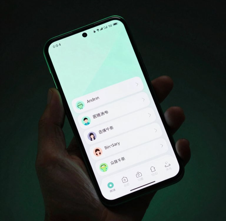 Sleek portrait tech photography of a physical Android mobile device held in hand, screen glowing with a crisp mint user interface, low-key studio lighting with deep emerald edge-glows, sharp focus, 35mm lens