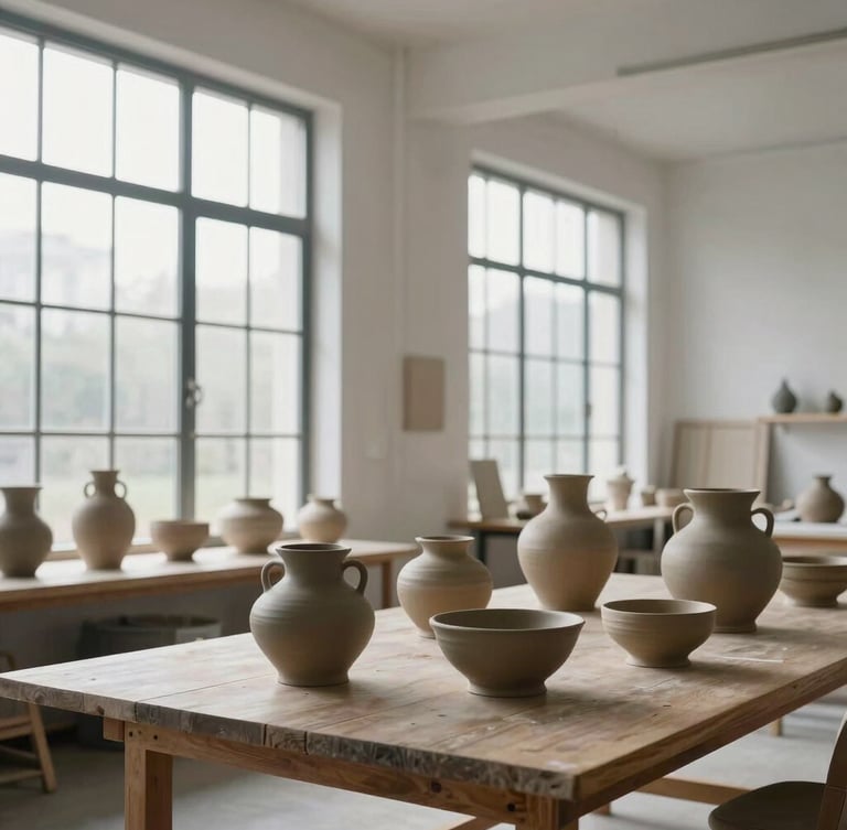 Wide panoramic shot of a pristine, minimalist art studio in Mount Vernon, natural overcast light streaming through large windows, raw clay vessels on a wooden table.
