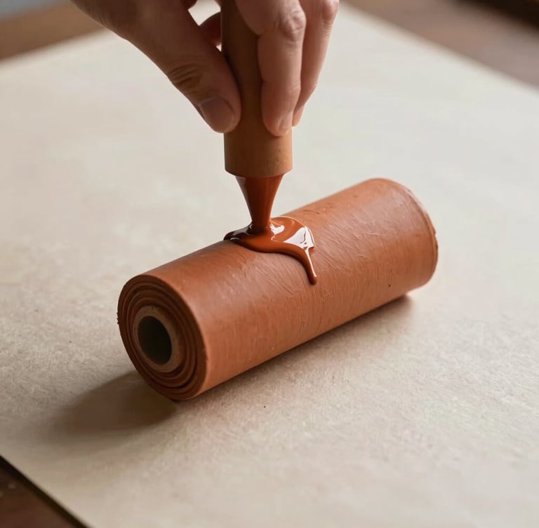 A vertical close-up of thick terracotta ink being rolled onto heavily textured archival paper, soft diffused natural light casting gentle shadows, architectural crop.