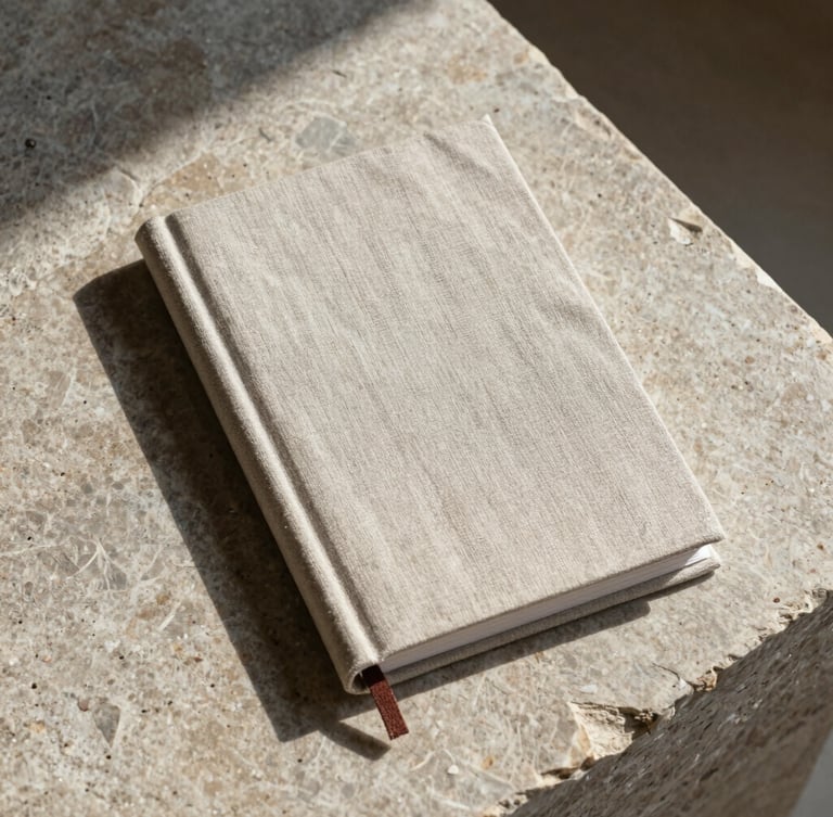 Meticulously styled flat-lay of a custom-designed linen book cover resting on a raw stone slab, soft natural daylight, long shadows