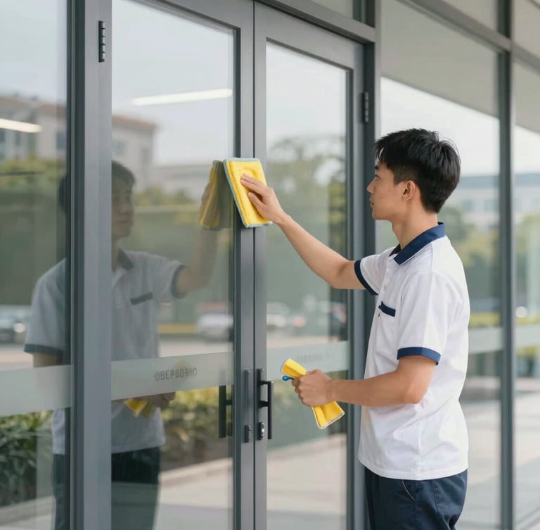 Bright editorial photography of a professional cleaning technician in a neat uniform polishing a corporate glass door, natural daylight, soft warm tones, 35mm lens