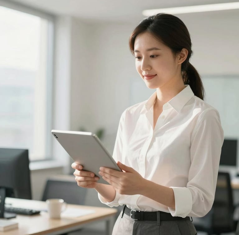 Bright editorial portrait of a professional female supervisor in a clean corporate office holding a tablet, natural daylight, warm tones, professional setting