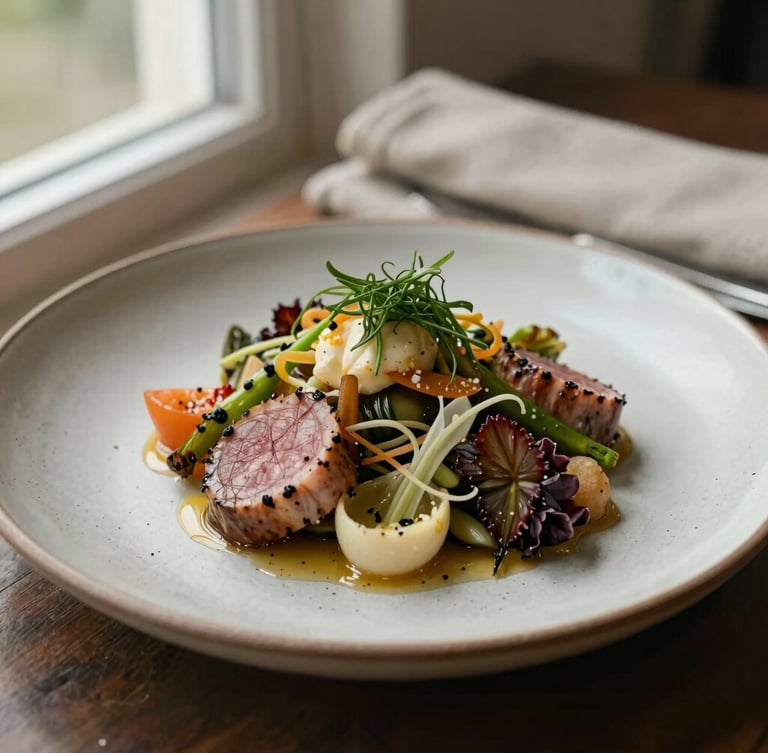 A close-up of a beautifully plated seasonal dish with natural imperfections on a rustic ceramic plate, soft natural light from a side window, warm linen napkin in the background.