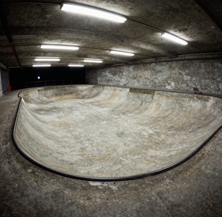 Wide panoramic shot of an empty indoor concrete skate bowl under raw overhead fluorescent lights, gritty texture, high contrast.