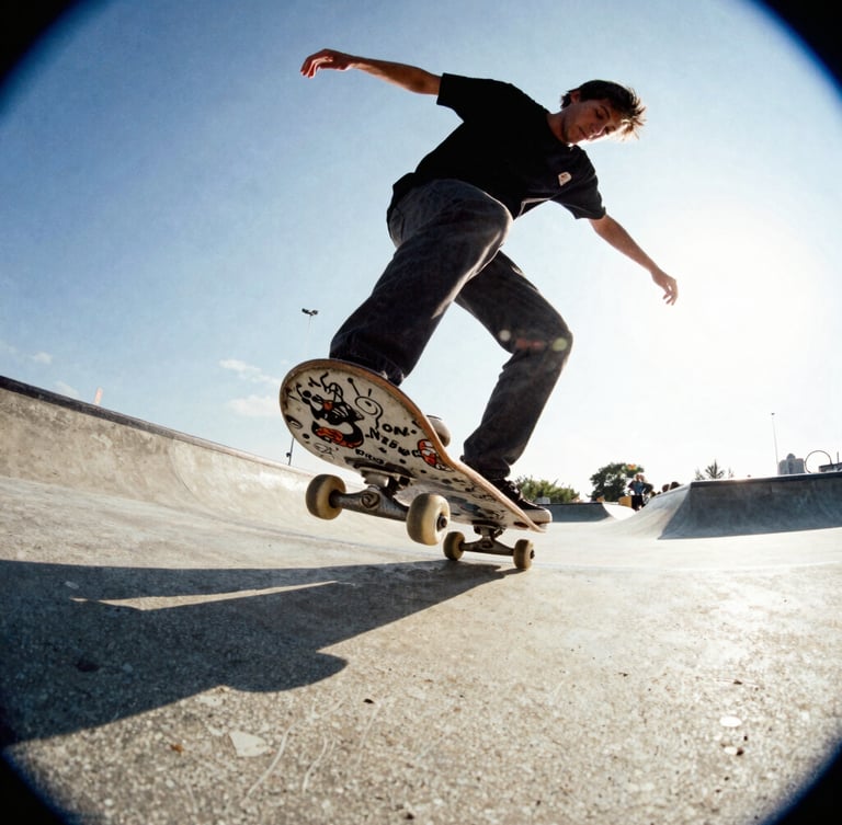 Low-angle fisheye shot of a skater grinding a raw concrete ledge under harsh midday sun, motion blur, 35mm film grain.