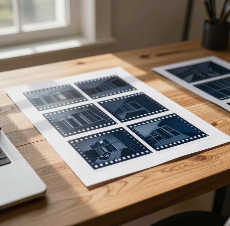 Sharp architectural workspace with physical media proofs on a heavy oak table, warm natural window light casting soft shadows, 35mm film style.