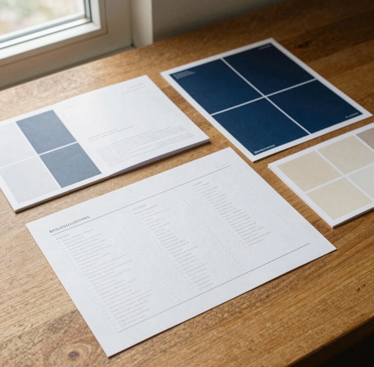 Overhead flat-lay of printed brand guidelines, physical media proofs, and swatches on a warm oak table, natural window light, sharp focus, 35mm film
