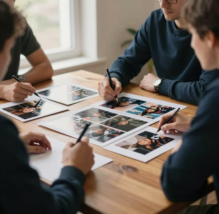 A warm editorial photograph of a collaborative strategic session around a wooden table with physical media proofs, soft natural window light, 35mm film.