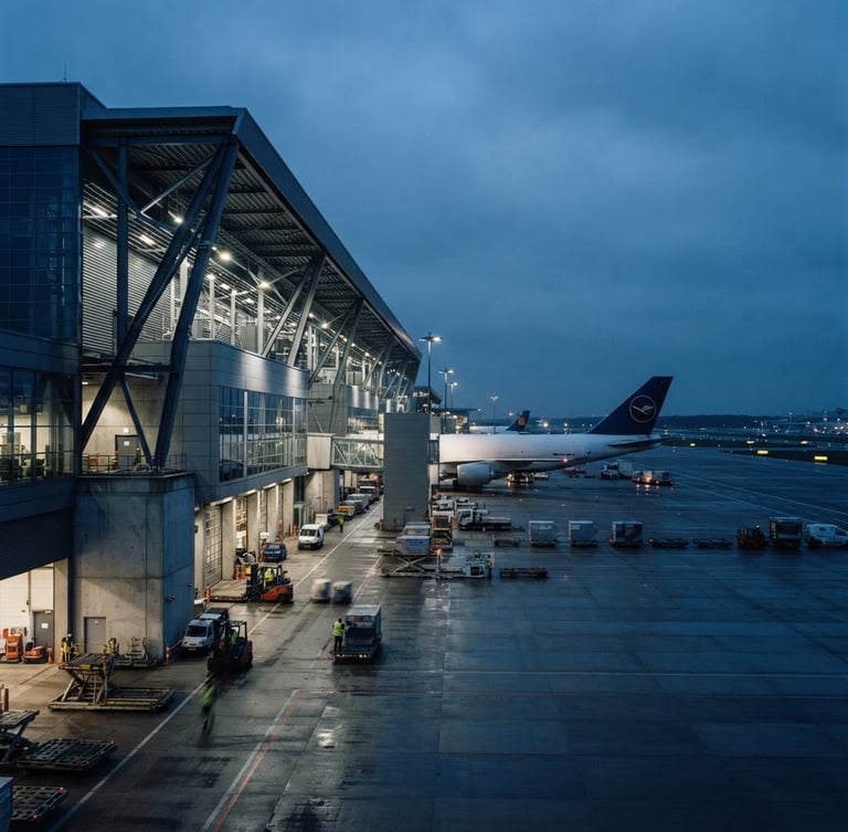 Wide-angle architectural shot of a modern cargo terminal at blue hour, cargo plane tail visible on the tarmac, crisp industrial lighting, deep navy tones.