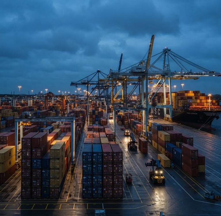 Wide-angle environmental shot of a modern cargo terminal at cool blue hour, towering stacks of shipping containers, sharp architectural grid lines, industrial lighting.