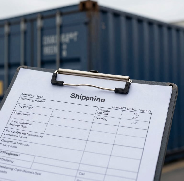 Macro close-up of a shipping manifest printout on a clipboard, steel cargo container textures in the background, sharp focus, cool overcast daylight.
