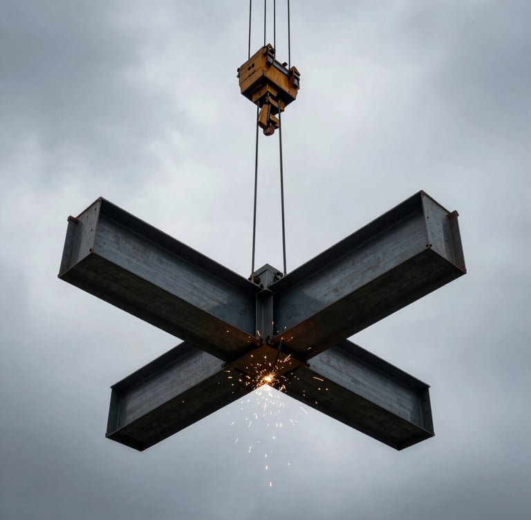 Dramatic low-angle shot of massive industrial steel beams being hoisted by a heavy crane against a dramatic overcast sky, high contrast, sharp focus, raw steel textures, 35mm lens.
