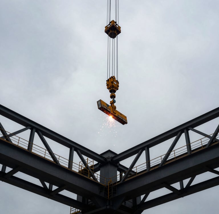 Dramatic low-angle shot of massive industrial steel structures being hoisted by a heavy crane against an overcast gray sky, sharp focus, 35mm lens.