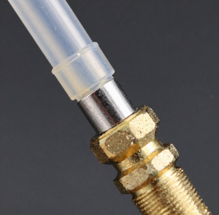 Macro shot of a pneumatic plastic tube securely connected to a brass fitting thread, metallic steel and brass textures, high-contrast industrial lighting, dark background