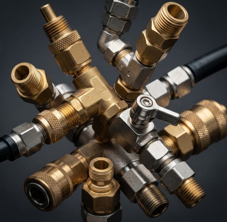 sharp technical product photography of brass pneumatic fittings, high-contrast studio lighting, metallic details, clean dark grey background, macro