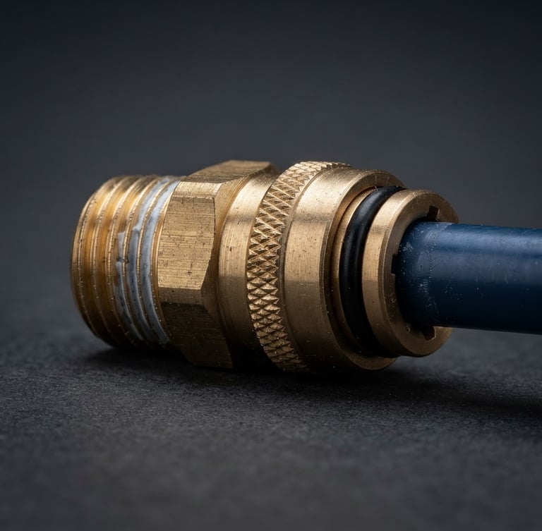 Sharp technical product photography of a brass pneumatic fitting on a dark grey background, studio lighting, macro shot of threads and tube connection