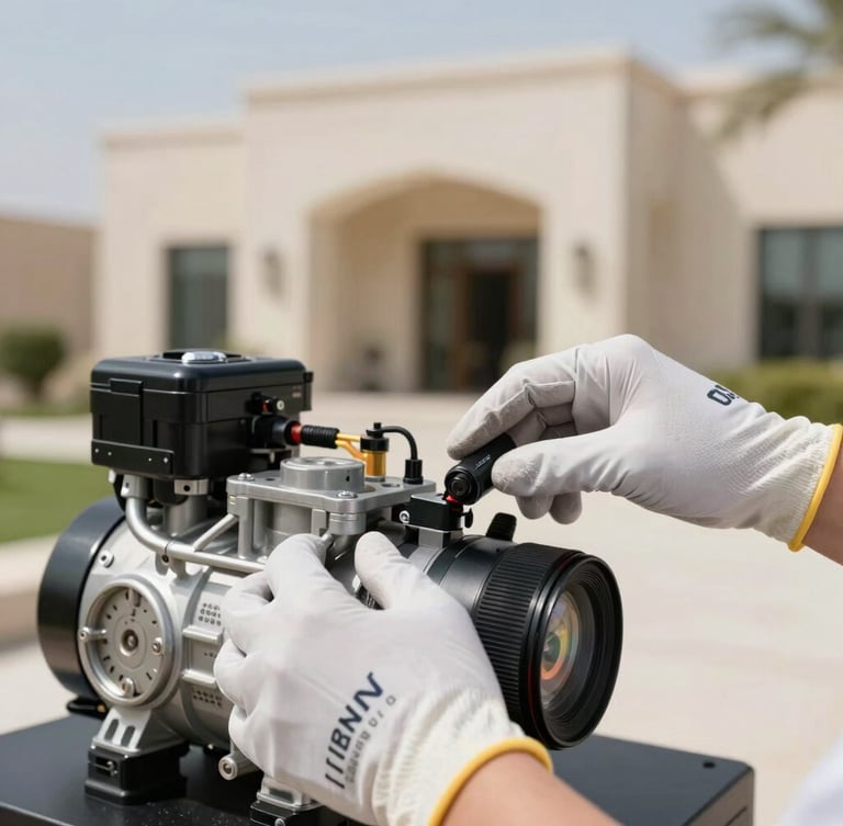 Close-up of technical hands wearing clean branded gloves adjusting a modern AC compressor unit, bright crisp daylight, Riyadh luxury villa exterior blurred in background.