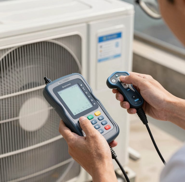 Close-up of technical hands using digital diagnostic tools on a modern clean outdoor AC condenser unit, daylight, high-contrast, professional engineering aesthetic.