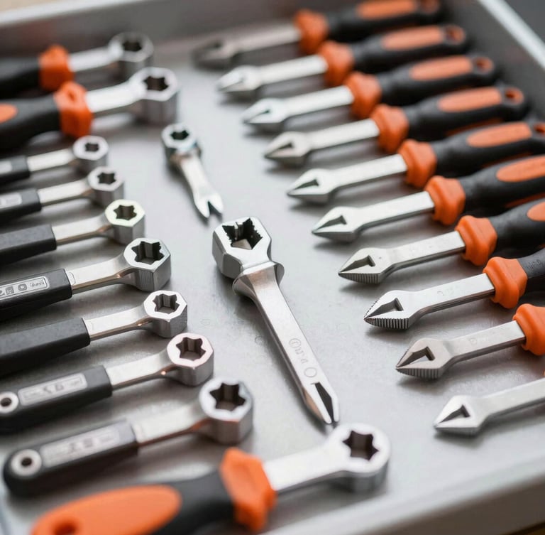 Organized industrial toolbox with clean metallic tools laid out in order, safety orange accents on the handles, high-contrast daylight, sharp focus on textures