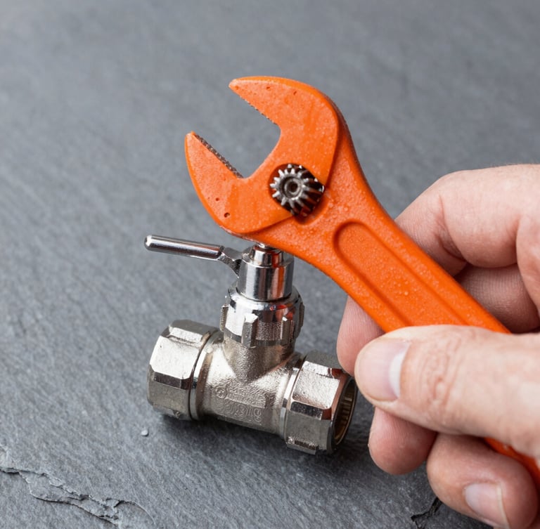 Crisp close-up of a technician's hand adjusting a metallic valve with an orange wrench, bright natural work-light, industrial slate gray background, sharp focus, 35mm