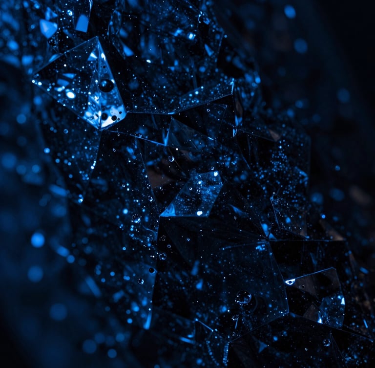 Macro close-up of dark refracted glass-morphism textures, cool electric indigo backlighting, sharp contrasts, high-fidelity studio lighting, 50mm lens